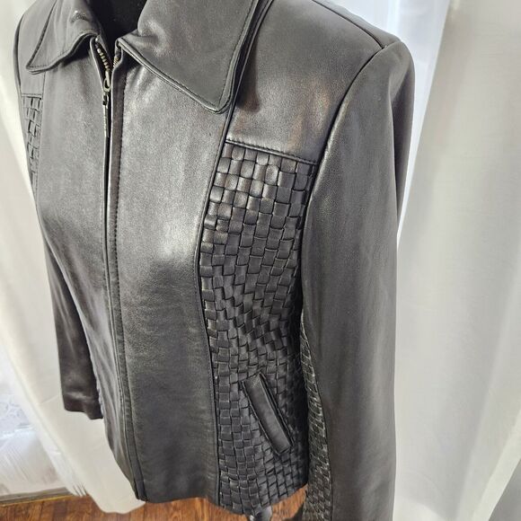 Kasper Vintage Womens Large Black 90s Genuine Leather Jacket Waffle Woven Moto - Picture 2 of 11